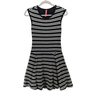 Eight Sixty Fit Flare Dress Small Black White Striped Stretch Knit Skater Micro